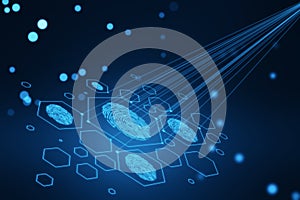 Creative digital fingerprint hologram on background with lines. Cyber datanase and access concept. 3D Rendering