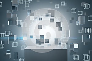 Creative digital gray cubes background with pedestal and mock up place.