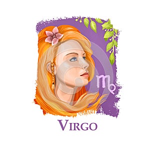 Creative digital illustration of astrological sign Virgo. Sixth of twelve signs in zodiac. Horoscope earth element. Logo photo