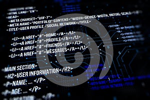 Creative digital programming language on backdrop. Software developer and html concept. 3D Rendering