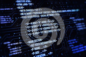 Creative digital programming language on background. Software developer and html concept. 3D Rendering
