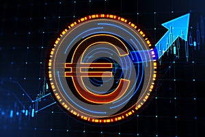 Creative digital round euro sign on dark background with forex chart and arrow. Online banking, cryptocurrency and finance concept