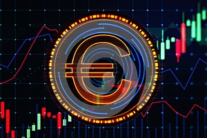 Creative digital round euro sign on dark background with forex chart. Online banking, cryptocurrency and finance concept. 3D