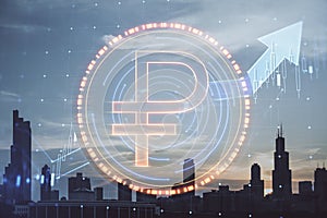 Creative digital round ruble sign and forex chart on blurry city skyline background. Online banking, cryptocurrency and finance