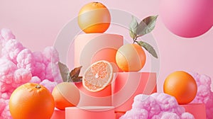 Creative display of oranges on abstract pink background
