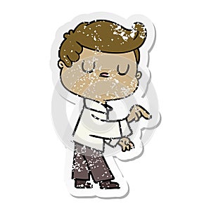 A creative distressed sticker of a cartoon aloof man pointing finger photo
