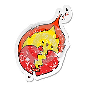 A creative distressed sticker of a cartoon flaming heart