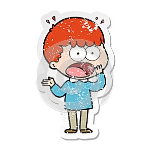 A creative distressed sticker of a cartoon shocked man gasping