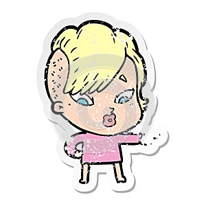 A creative distressed sticker of a cartoon surprised girl pointing