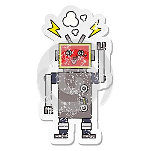 A creative distressed sticker of a cute cartoon crazed robot photo