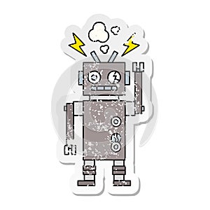 A creative distressed sticker of a cute cartoon malfunctioning robot