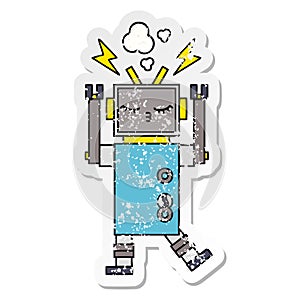 A creative distressed sticker of a cute cartoon malfunctioning robot