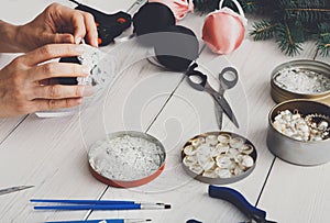 Creative diy craft hobby. Handmade christmas decoration, balls a