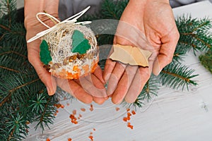 Creative diy hobby. Handmade craft christmas decoration ball with tree