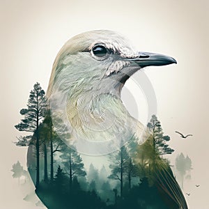 Creative Double Exposure Bird and Serene Forest Scene. AI Content Generation.