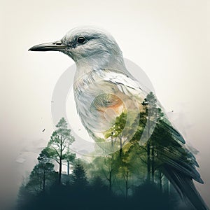 Creative Double Exposure Bird and Serene Forest Scene. AI Content Generation.