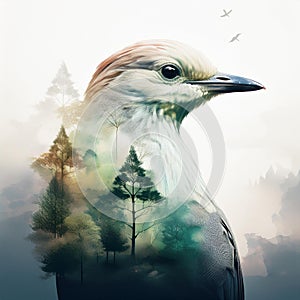 Creative Double Exposure Bird and Serene Forest Scene. AI Content Generation.
