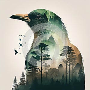Creative Double Exposure Bird and Serene Forest Scene. AI Content Generation.