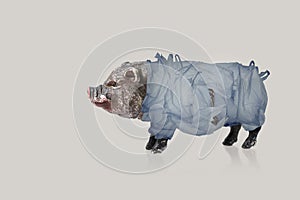 Creative double exposure of boar toy model with used plastic bags.