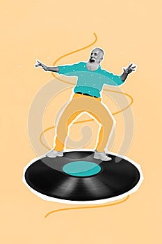 Creative drawing collage picture of active positive cool funny old man dancing vinyl recorder have fun enjoy carefree