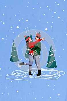 Creative drawing collage picture of cute couple dating ice skating cold weather romance happy merry christmas new year