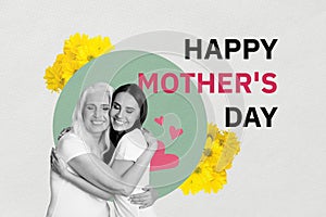 Creative drawing collage picture of cute old woman hug daughter talking mother day love celebration concept billboard