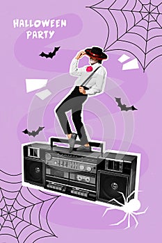 Creative drawing collage picture of dancing young mariachi caballero halloween dead costume zombie retro vintage tape photo