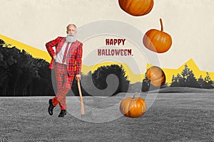Creative drawing collage picture of elegant stylish senior man ax blade maniacs serial killer witch costume happy