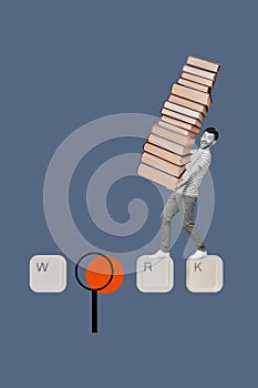 Creative drawing collage picture of excited man carry books pile reader bookshop walking keyboard typing magnifier loupe