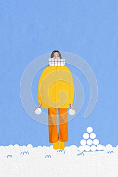 Creative drawing collage picture of funny girl have fun play snowballs park outside happy merry christmas new year theme