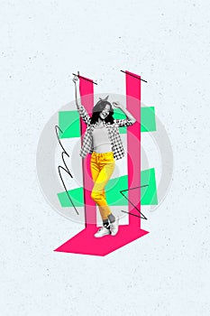 Creative drawing collage picture of funny pretty female model dancing retro fashion have fun promo advert billboard