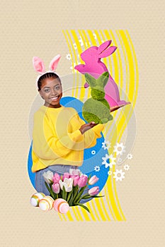 Creative drawing collage picture of funny young female bunny ears hold rabbit grass bush easter concept billboard comics