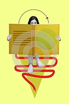 Creative drawing collage picture of little woman reading big interesting book bookworm education study learn student