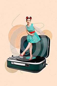 Creative drawing collage picture of miniature funky funny woman dancing big retro vinyl recorder oldschool music lover