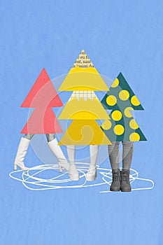 Creative drawing collage picture of three decorated trees woman legs shoes shopping happy merry christmas new year theme