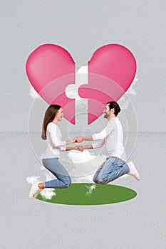 Creative drawing collage picture of young couple hold hands jump puzzle heart date valentine day concept bizarre unusual