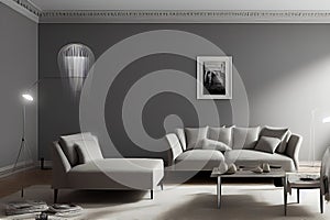 Creative Drawing Room, Wall Paint Color Primer Gray with Sofa