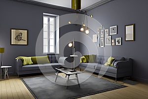 Creative Drawing Room, Wall Paint Color Primer Gray with Sofa