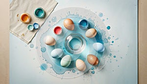 Creative Easter background with eggs, paint and watercolor blob, in circular arrangement. Flat lay on light blue background.