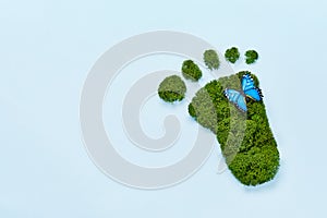 Creative eco, environmental care, earth day concept. Barefoot footprint made of natural green moss and butterfly on blue