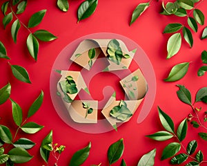 Creative Eco Friendly Recycle Symbol Concept with Green Leaves on Vibrant Red Background