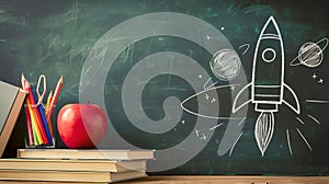 Creative Education Concept with Drawn Rocket on Blackboard, Stacked Books and Apple, Classroom Supplies. Imagination and photo