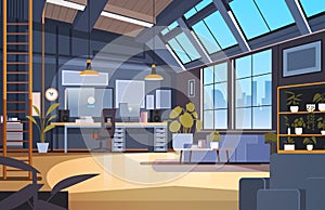 creative empty no people apartment modern loft interior of open space home office with furniture for corporate or