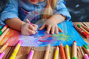 Creative endeavor Child paints a vibrant picture with colorful crayons