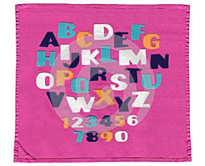 Creative english alphabet, decorative fabric application  Illustration of grunge style postcards,  linen embroidery, applique of c