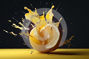 A creative exploded view of a lemon, splashing and dropping liquid in yellow freshness. Ai generative