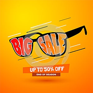 Creative eyeglasses discount banner with glasses with big sale text in the lenses on a yellow summer background. 50 off