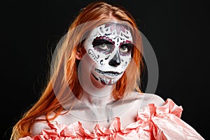 Creative face paint portrait flower. Day of the dead persons.