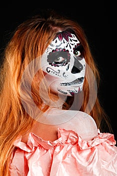 Creative face paint portrait flower. Day of the dead persons.