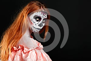 Creative face paint portrait flower. Day of the dead persons.